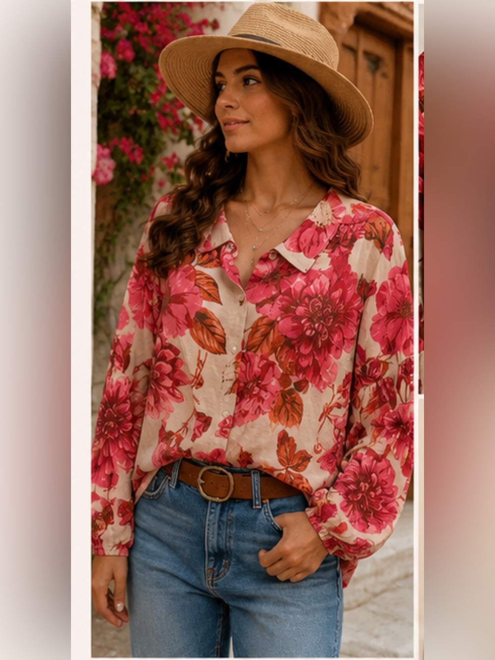 Beautiful by Lawrence Zarian XL Floral Button Front Blouse Pink Balloon